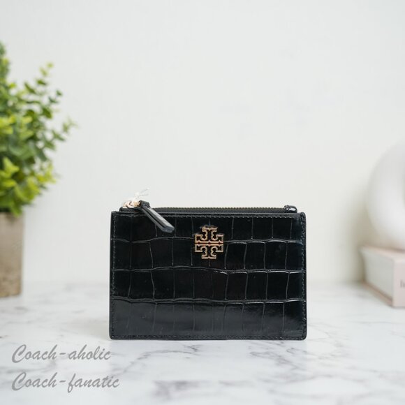 NWT Tory Burch Britten Embossed Leather Zip Card Case Wallet in Black/Gold - Picture 3 of 8